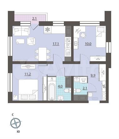 2-к. квартира, 55,4 м², 23/25 эт.