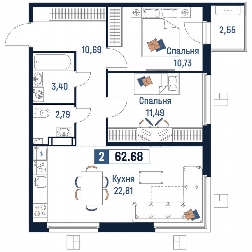 2-к. квартира, 62,7 м², 15/18 эт.