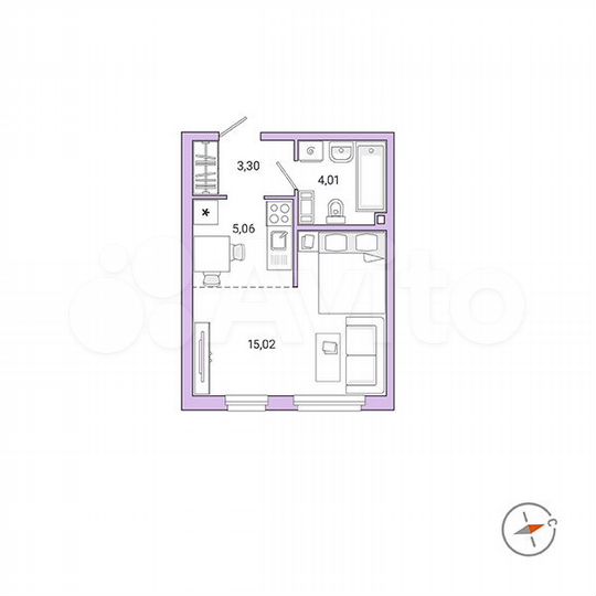 1-к. квартира, 27,4 м², 1/9 эт.