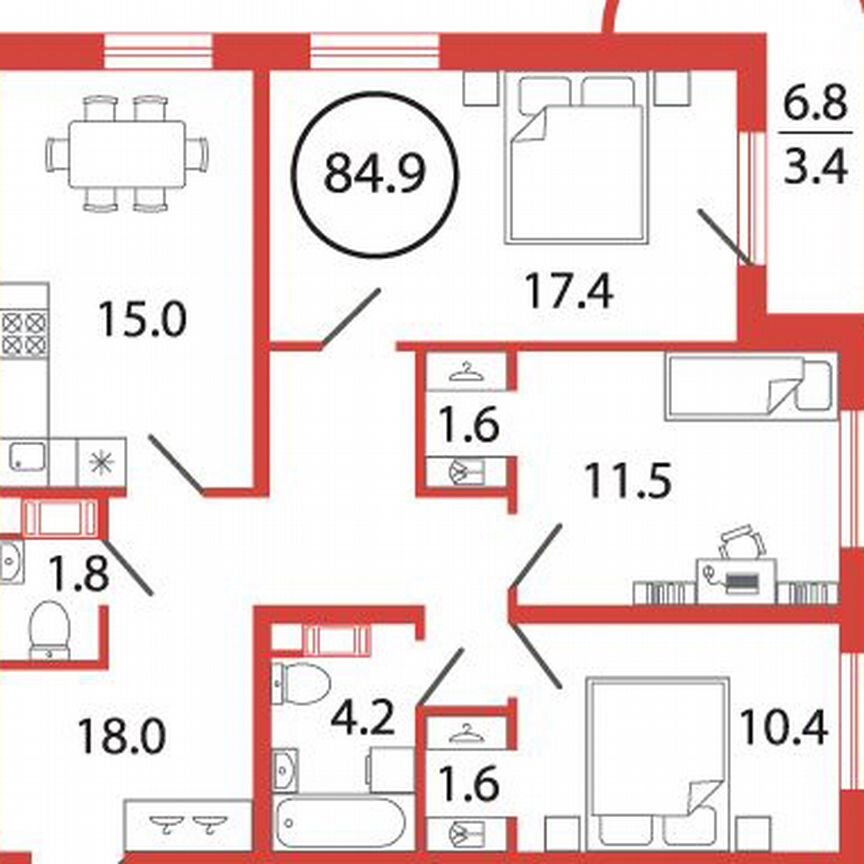 3-к. квартира, 84,9 м², 9/12 эт.