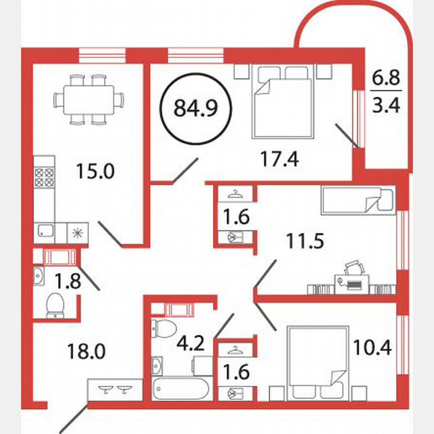 3-к. квартира, 84,9 м², 9/12 эт.
