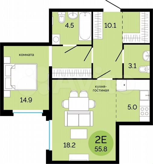 2-к. квартира, 55,8 м², 11/17 эт.