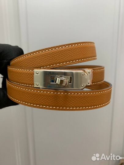 Ремень женский кожаный тонкий Hermes коричневый