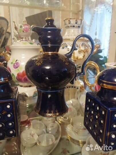 Графин и чайницы cobalt, фарфор, позолота. СССР