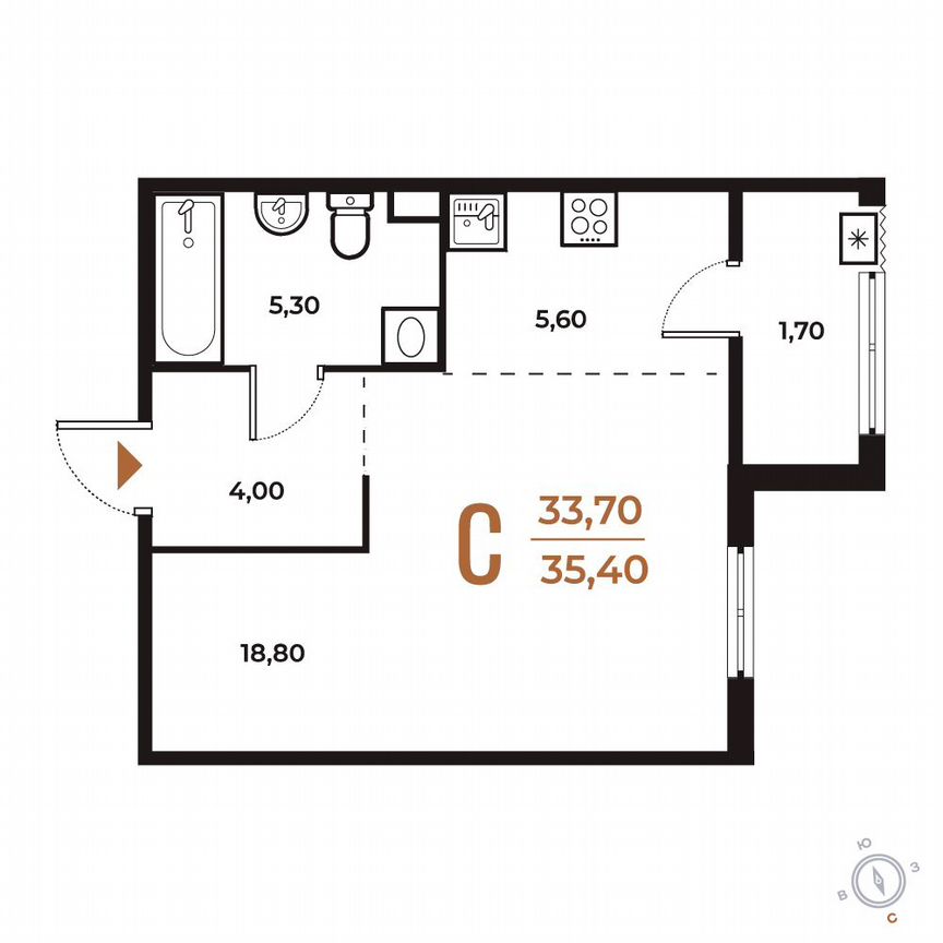 Квартира-студия, 35,4 м², 2/8 эт.