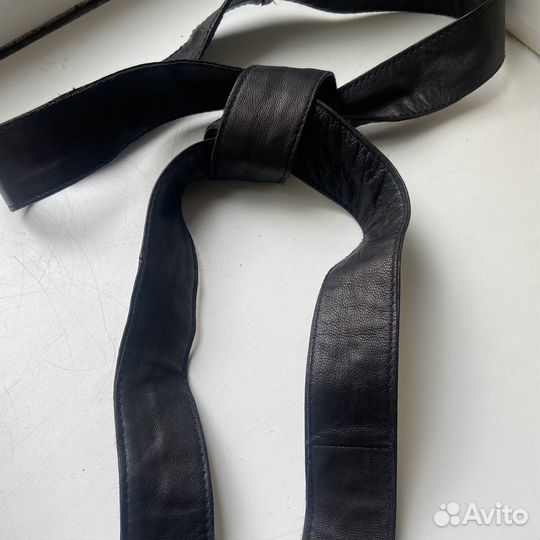 Чёрный кожаный пояс ремень от пальто дублёнки