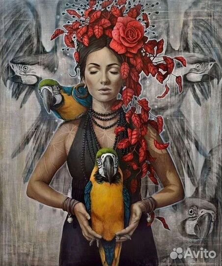 Картина маслом девушка с попугаями