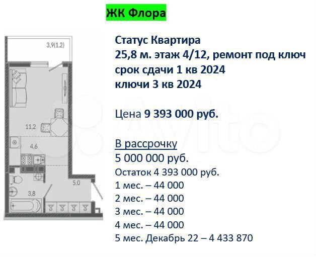 Квартира-студия, 25,8 м², 4/12 эт.
