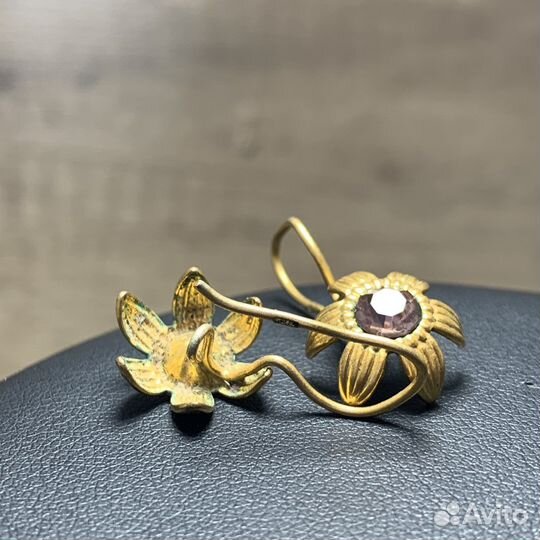 Винтажные Серги Цветки Розовые Камни Стёкла СССР