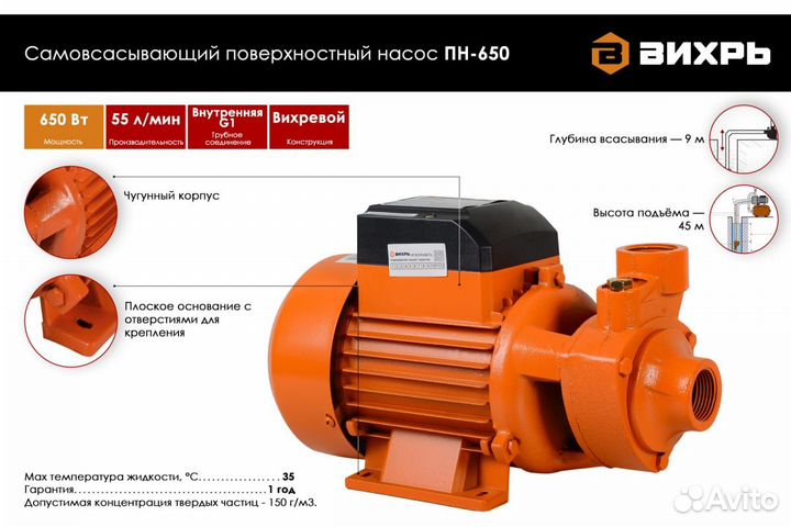 Поверхностный самовсасывающий насос Вихрь пн-650