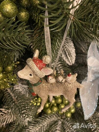 Новогодняя елочная игрушка олененок С птичками