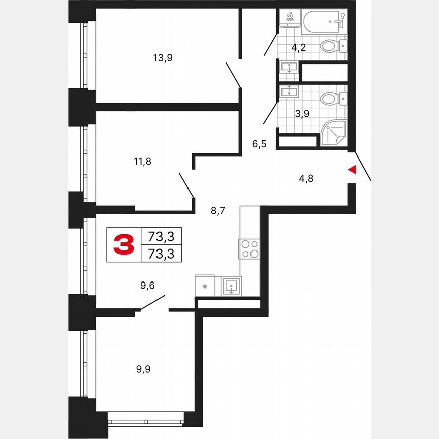 3-к. квартира, 73,3 м², 25/29 эт.