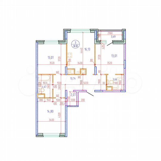 3-к. квартира, 84,6 м², 2/17 эт.