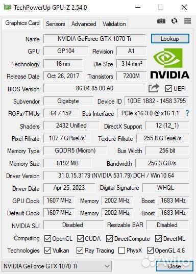 Видеокарта nVidia GeForce GTX 1070Ti Gigabyte
