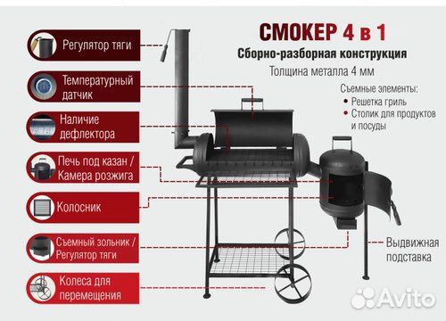 Угольный гриль, смокер-гриль (коптильня) 4в1