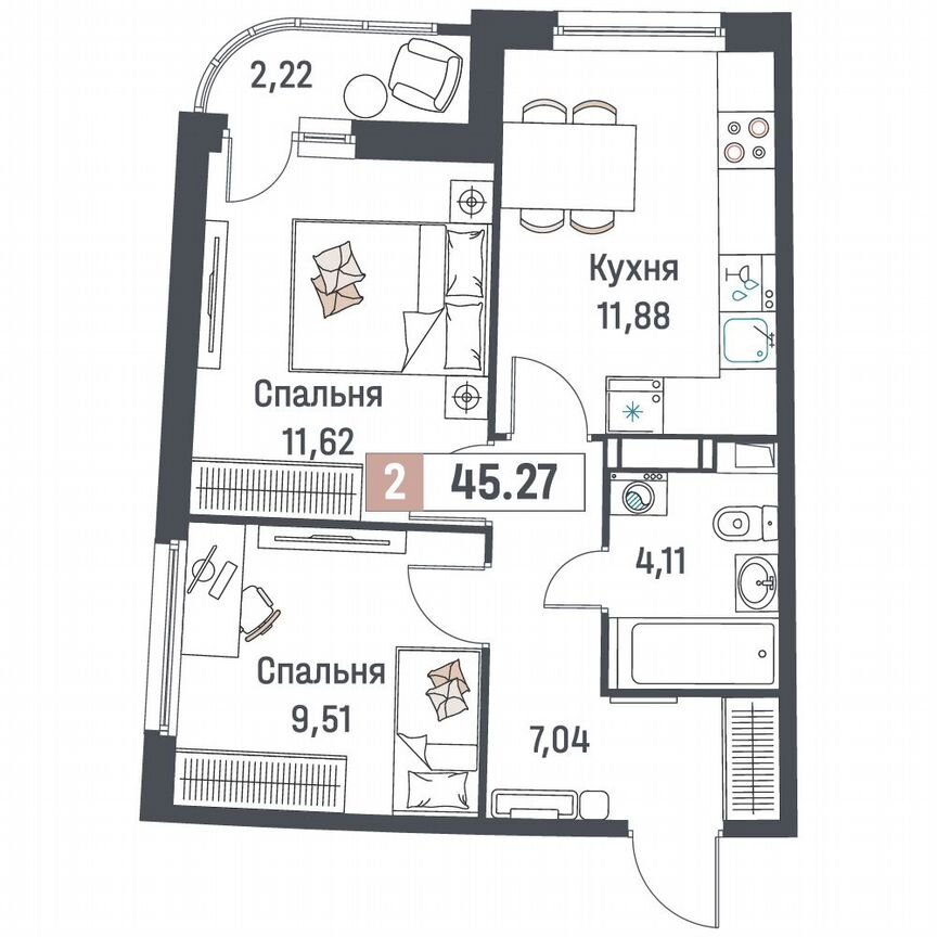 2-к. квартира, 45,3 м², 16/18 эт.