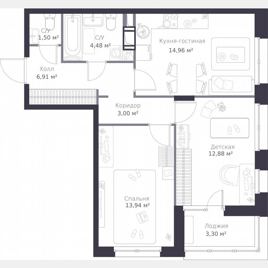 2-к. квартира, 59,3 м², 10/11 эт.