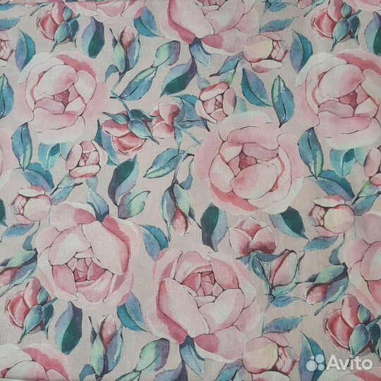 Ткань с розовыми цветами льняная, принт пионы