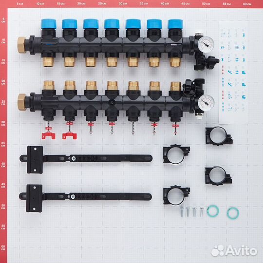 Коллекторная группа с расходомерами Henco 1 вр(г) х 7 выходов 3/4 нр(ш) ек х 1 вр(г)
