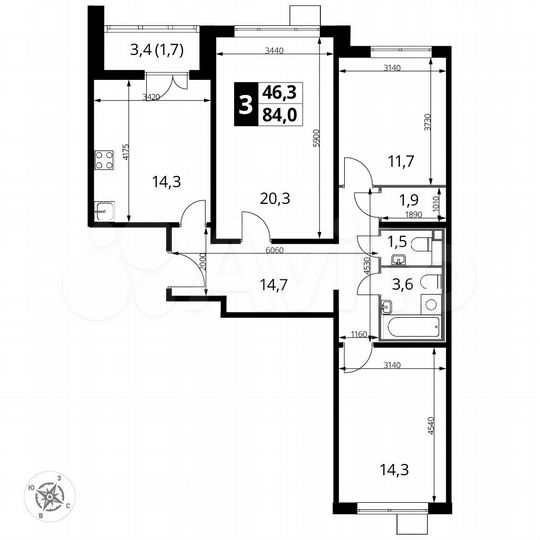 3-к. квартира, 84 м², 21/22 эт.