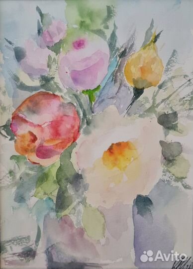 Картина с букетом цветов, акварель
