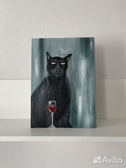 Картина кот с бокалом вина холст