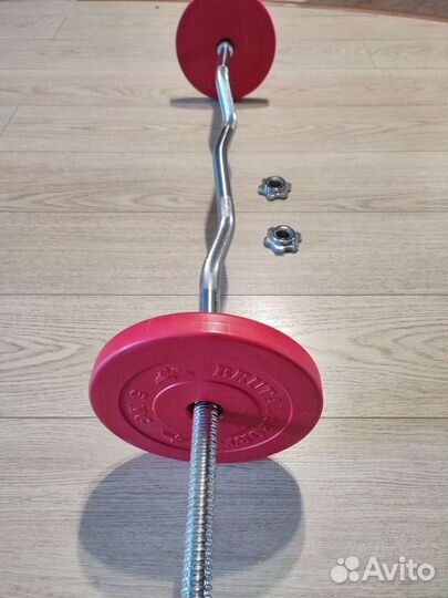 Штанга 15кг изогнутая W, диски Обрезиненные