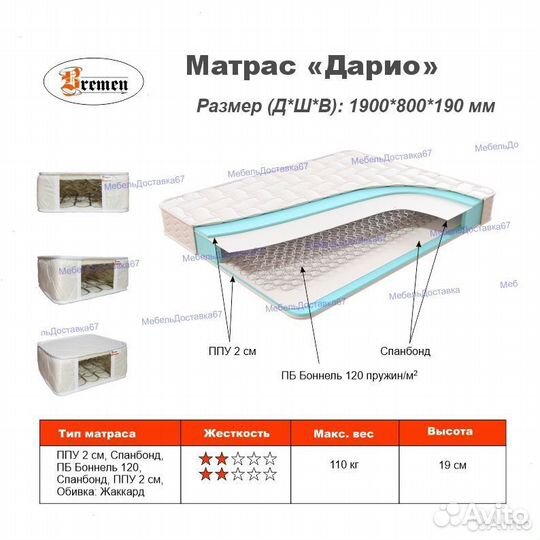 Матрас 70,80,90,120,140,160,180,200 Дарио, наличие