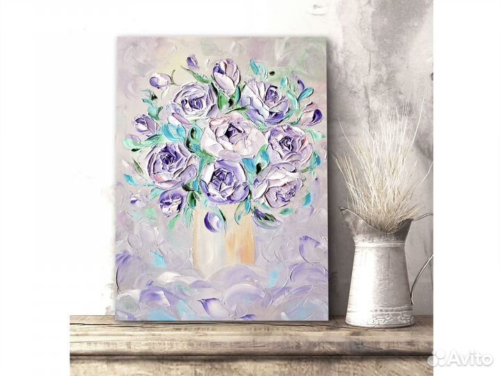 Картина маслом с букетом роз в вазе на холсте
