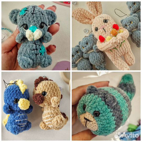 Вязаные игрушки лягушки гусь утёнок кот паук дино