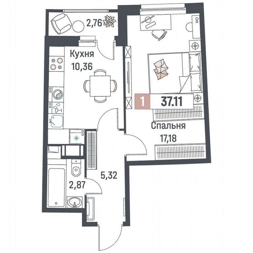 1-к. квартира, 37,1 м², 3/18 эт.