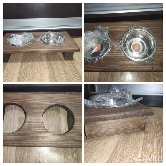 Кормушка, миски на деревянной подставке