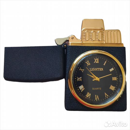 Подарочная газовая черная (1) зажигалка с часами