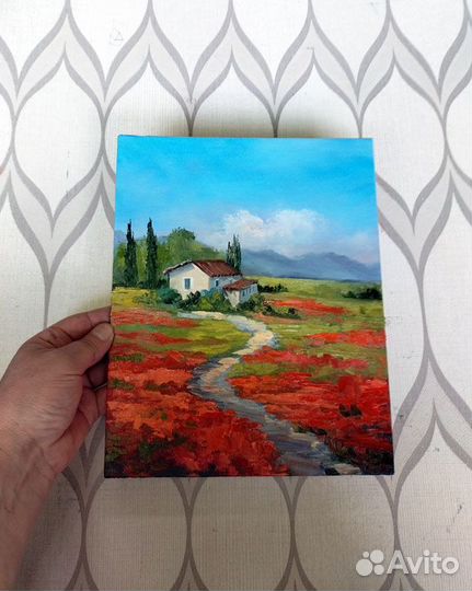 Картина маслом Тоскана, Маки, 20 на 25 см