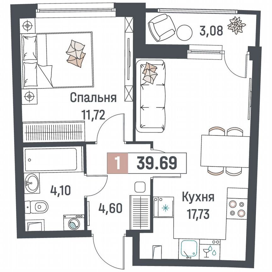 1-к. квартира, 39,7 м², 2/18 эт.