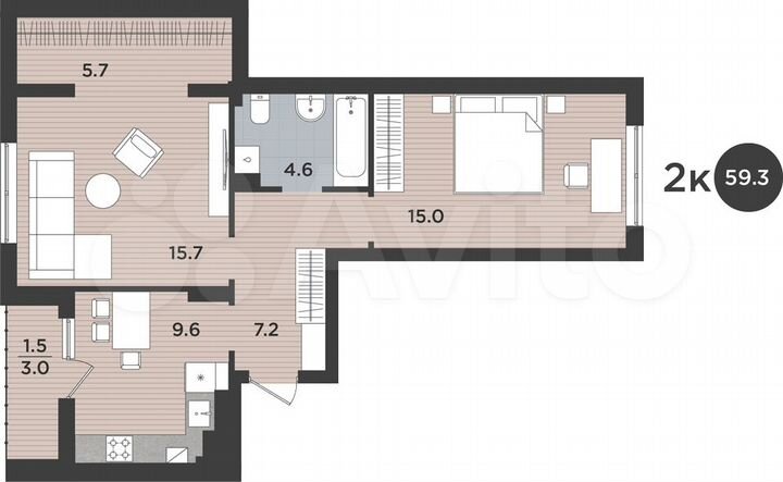 2-к. квартира, 59,3 м², 3/9 эт.