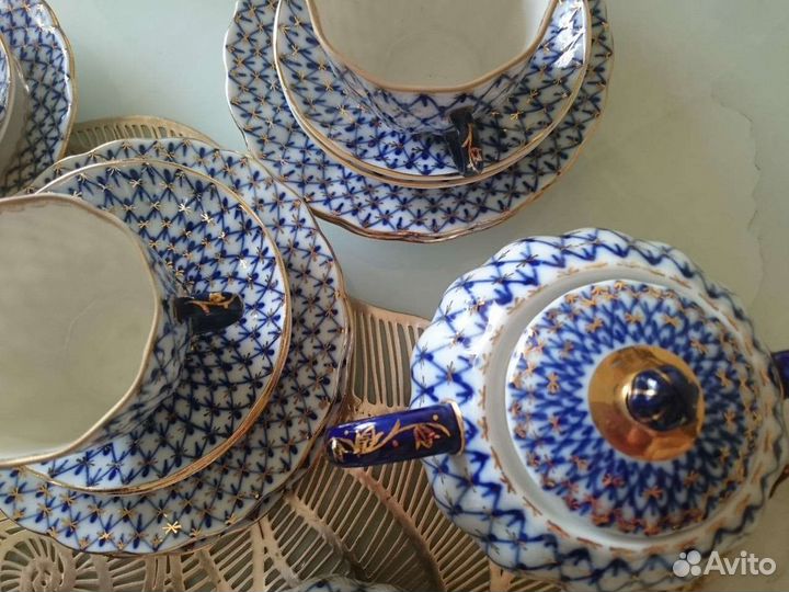 Кофейный сервиз лфз Кобальтовая сетка с позолотой