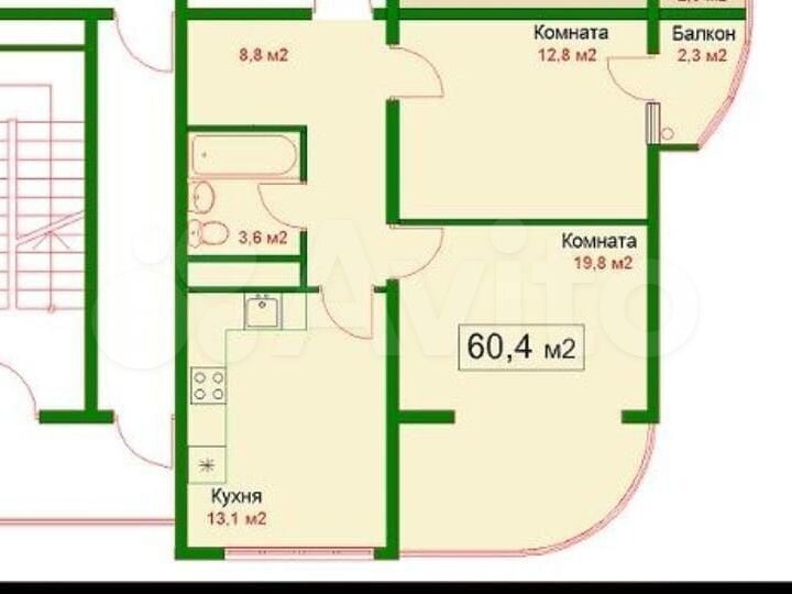 2-к. квартира, 60,4 м², 5/16 эт.