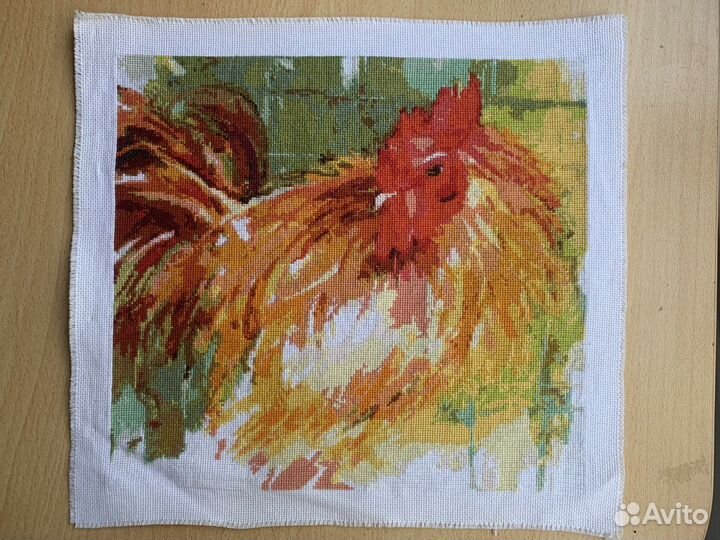 Картина. Вышивка коестом. Петух акварельный