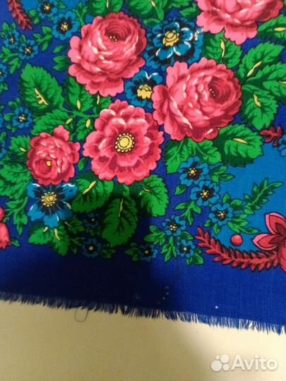Синий яркий павловопосадский платок. Шерсть
