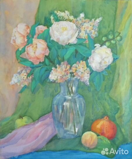 Картина С пионами акварель