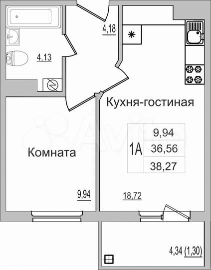 1-к. квартира, 38,3 м², 9/9 эт.