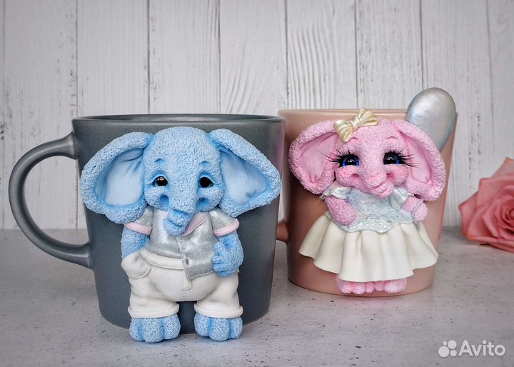 Кружка мужская со слоником из полимерной глины