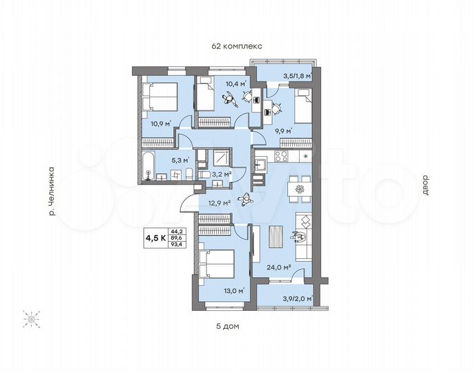 4-к. квартира, 93,4 м², 2/16 эт.