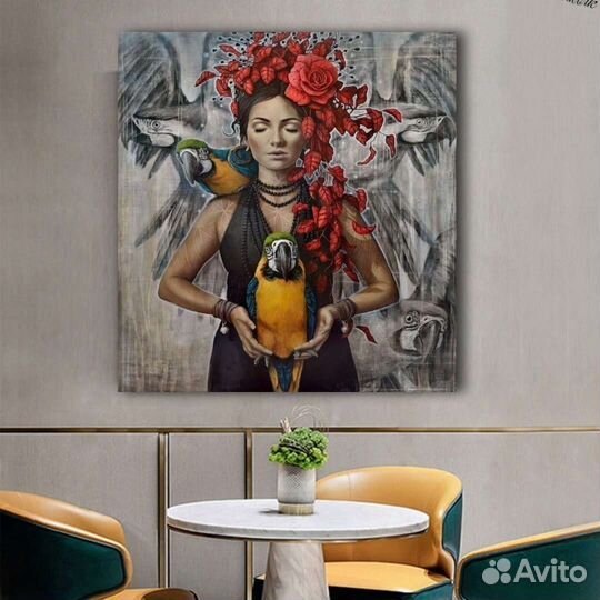 Картина маслом девушка с попугаями