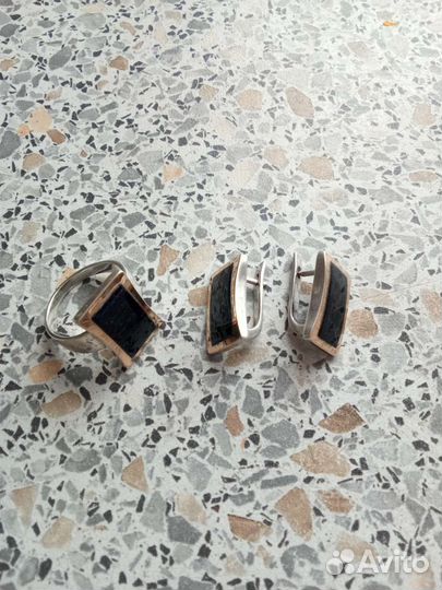 Серьги и кольцо серебро, с золотым напылением