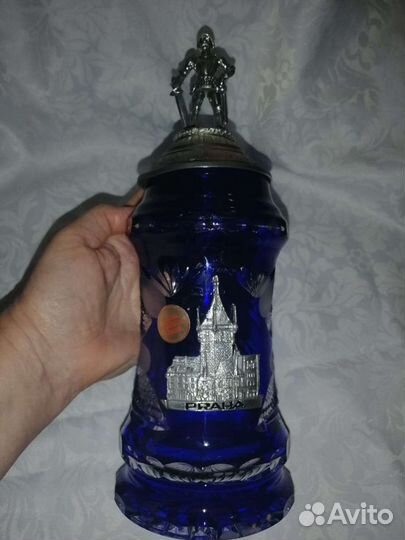 Пивная кружка синий хрусталь с серебром
