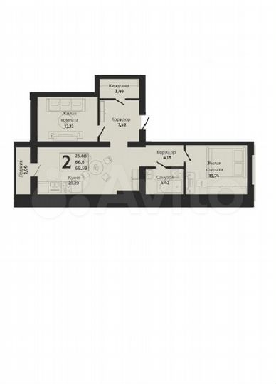 2-к. квартира, 66,6 м², 1/10 эт.