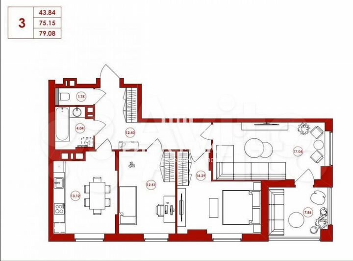 3-к. квартира, 79,7 м², 15/16 эт.