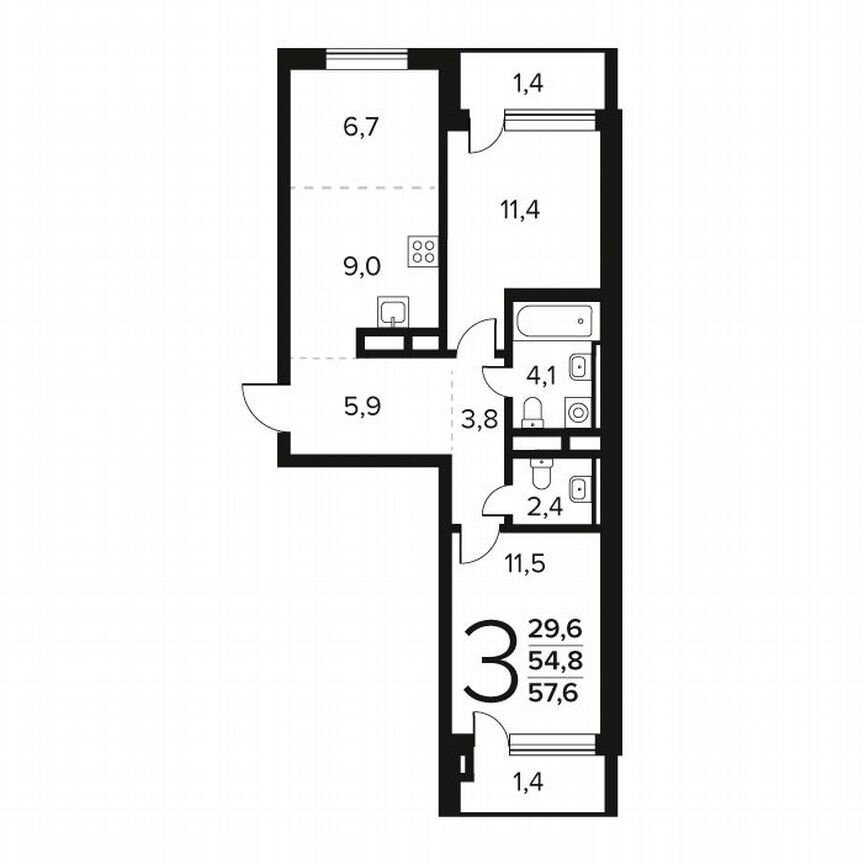 3-к. квартира, 57,6 м², 7/11 эт.